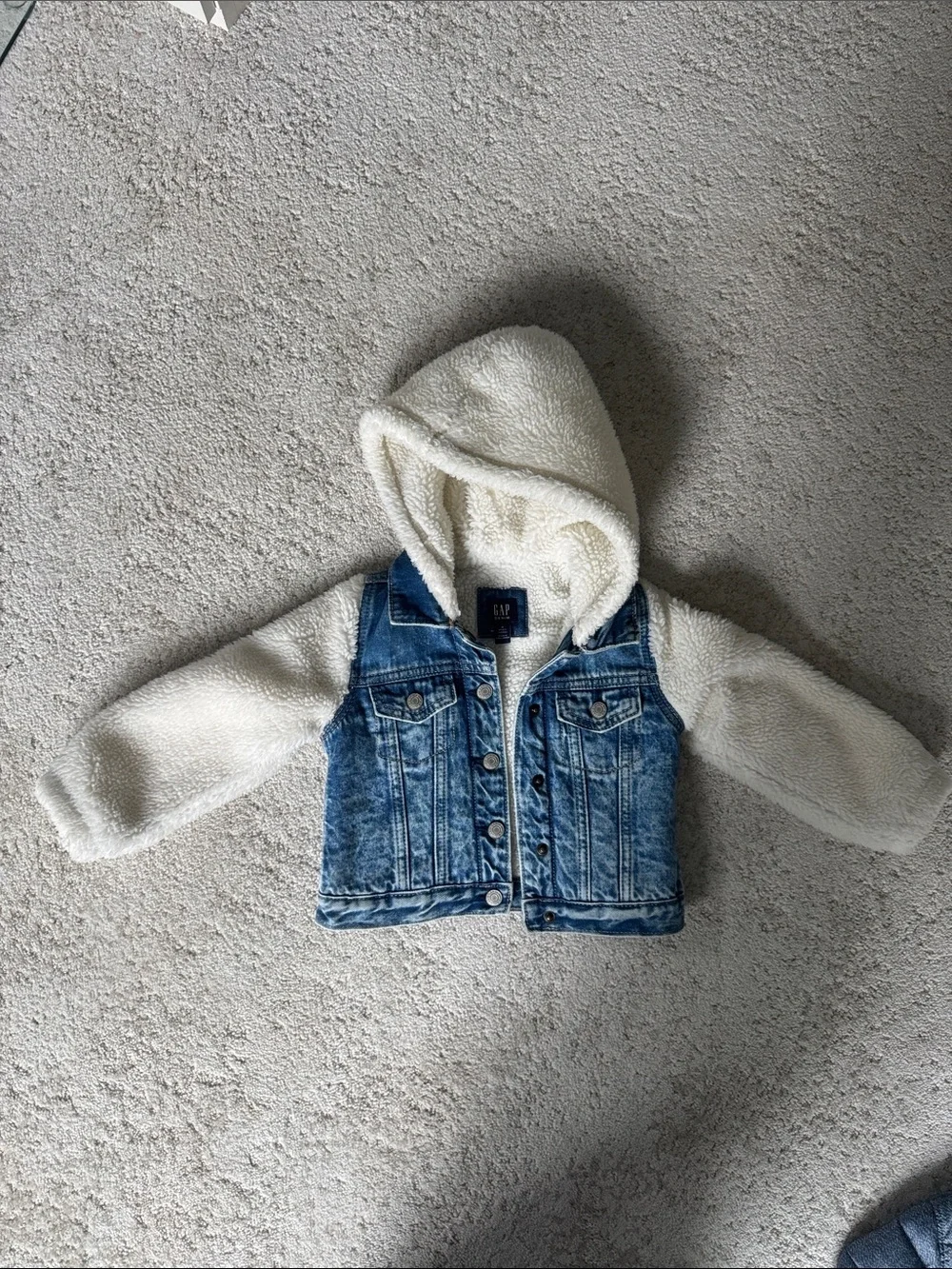 GAP Blue Denim Jacket with Cream Sherpa Hood & Sleeves
